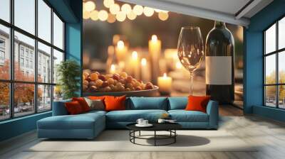 Elegant wine bottle and glass with fruits on a wooden table, soft glow of candles. Wall mural