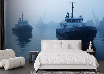 Majestic industrial harbor with tugboats guiding a large container ship through misty morning atmosphere Wall mural