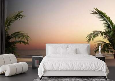 Pink podium on a tropical beach at sunset, perfect for product displays. Wall mural