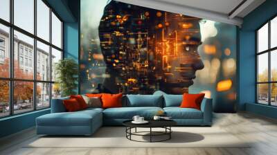 Profile of young man with digital data overlay, futuristic city background. Wall mural