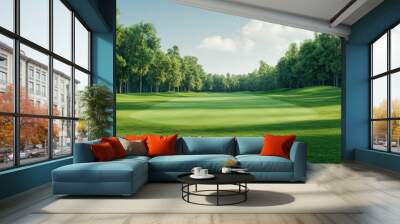 Scenic golf course landscape with lush green grass and trees under a clear sky Wall mural