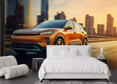 This image captures a vibrant and dynamic scene of an electric SUV in motion Wall mural