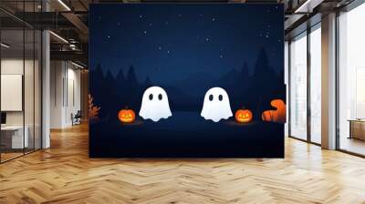 Two cute ghosts beside pumpkins create a whimsical Halloween atmosphere under a starry night sky. Wall mural