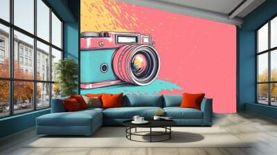 Vintage camera illustration on a colorful abstract background. Wall mural