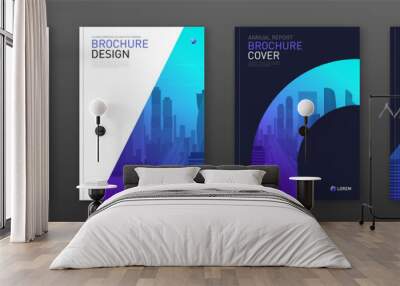 Brochure cover design layout set for business and construction. Abstract geometry whith colored cityscape vector illustration on background. Good for annual report, industrial catalog design. Wall mural