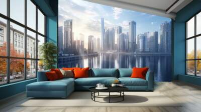  A futuristic city skyline dominated by sleek skyscrapers with reflective glass facades, towering against a backdrop  Wall mural