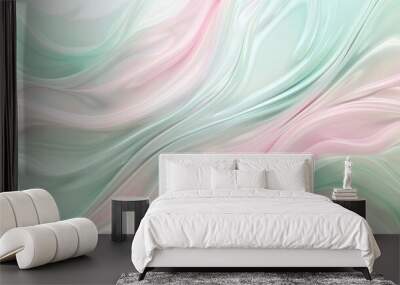 A captivating liquid design with smooth, flowing lines in pastel shades of light pink, mint green, and powder blue, evoking the gentle movements of water and creating a serene, tranquil atmosphere. Wall mural