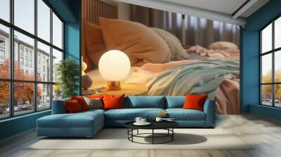 A contemporary bedroom with geometric wallpaper, a low-profile platform bed, and a modern bedside lamp with a yellow LED light strip providing a futuristic ambiance. Wall mural