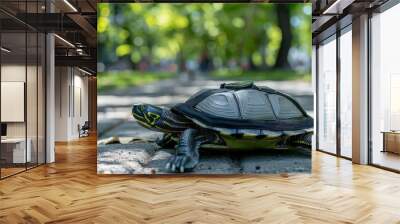 A cooling vest on a mannequin turtle in the middle of a park, demonstrating its utility in protecting even slow-moving pets from the heat. Wall mural