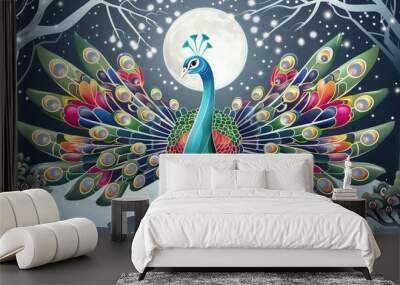 A cute cartoon peacock with colorful, fluffy feathers fully displayed, standing under a full moon in a magical forest, with silver light tracing the outlines of its plumes. Wall mural