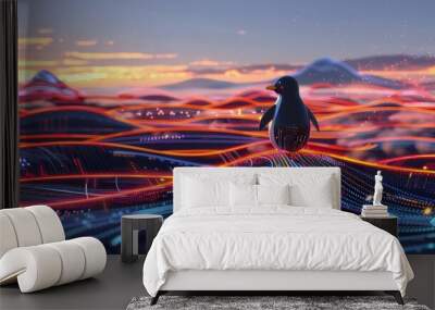 A digital landscape with flowing code streams and the Linux penguin mascot subtly integrated into the horizon, symbolizing stability and open-source power. Wall mural