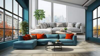 A high-rise living room  with floor-to-ceiling windows revealing a starlit city skyline. The room's ambiance is calm and reflective, with a soft, neutral palette and minimalistic design that focus Wall mural