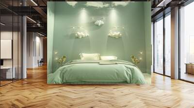 A serene bedroom designed with a pale green bed set that matches two small sets of clouds on the ceiling, each adorned with four tiny stars, evoking calm and tranquility. Wall mural