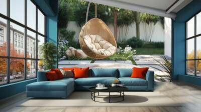 A serene garden scene featuring a cozy hanging armchair suspended from a sturdy tree branch Wall mural