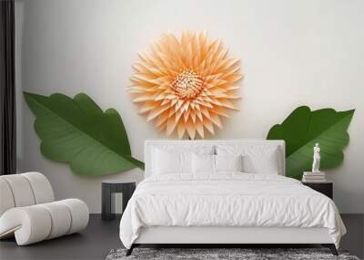 A single chrysanthemum flower made with paper cut work, centered on a white background, with two green leaves in an elegant pattern. Wall mural