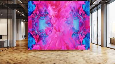 A vibrant abstract with alcohol inks in neon pink and electric blue, creating a visually stimulating pattern reminiscent of a psychedelic experience. Wall mural