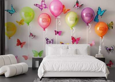 A whimsically stunning dye display or balloons and butterflies on white background beautiful festival birthday party background  Wall mural