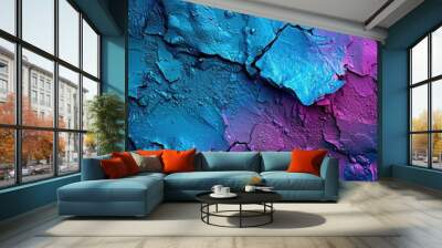 Abstract Background, a close-up of a textured surface with striking contrasts of bright cyan and deep magenta, featuring intricate details and rough areas.  Wall mural