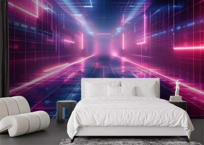 Abstract background, Futuristic retro background Digital or Cyber Surface. neon lights and geometric pattern Wall mural