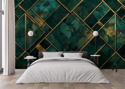 Abstract background , with geometric patterns in vintage emerald green, mystical gold, and deep black Wall mural