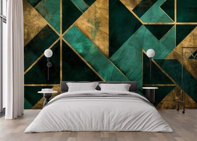 Abstract background ,that celebrates the golden age of design with geometric patterns in vintage emerald green, radiant gold, and deep black Wall mural