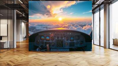 aerial sunset view over the mountains from the cockpit of a private aircraf.t, sky background Wall mural