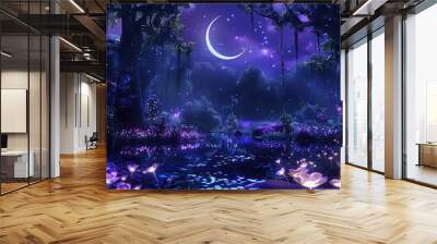 An enchanting violet-hued night sky with a crescent moon hanging over a mystical forest filled with glowing flowers and sparkling ponds. Wall mural