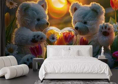 An endearing scene of two white teddy bears, each with a paw on a glass heart that encases vibrant tulips and daisies, with a softly blurred sunset providing a warm backdrop. Wall mural