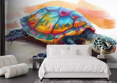 funny cartoon turtle isolated on white background  Wall mural