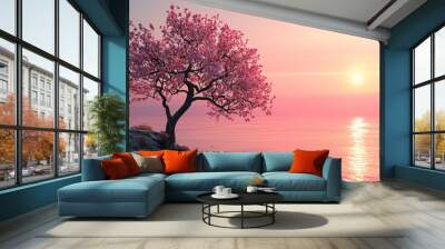 pink tree on lake  Wall mural