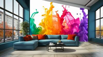 rainbow color liquid ink splash isolated on white background, Abstract background Wall mural