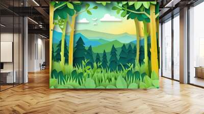 Summer forest nature landscape vector illustration in paper cut origami style. Woodland natural background promoting ecology and environment conservation. Wall mural