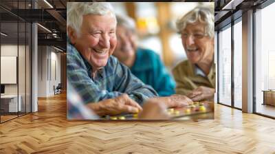 A group of elderly people are playing a board game together, wellbeing and senior people lifestyle concept Wall mural