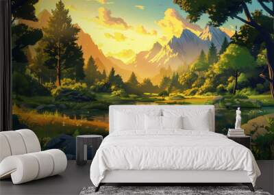 A lush forest in golden light of sunset, with rugged mountains rising in the background and a meandering river reflecting the warm hues of the sky, cartoon scene Wall mural