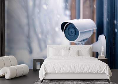 A white security camera mounted on a wall, capturing snowy outdoor scenery, ensuring safety and monitoring in winter conditions. Wall mural