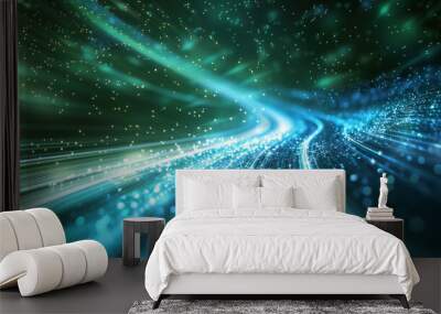 Abstract futuristic background, blending high-speed light trails with a technological essence, in cool tones of blue and green Wall mural