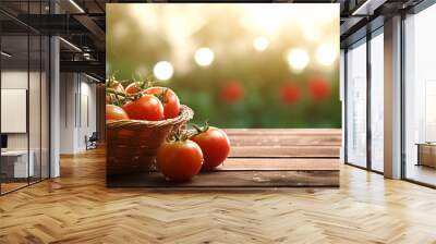 Basket of fresh tomatoes on wooden table at organic farm background. Wall mural