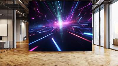 Blue pink and purple neon glow laser beam light lines moving fast,digital, high speed internet, cyberpunk, techonogy backdrop. futuristic abstract background. Generative AI Wall mural