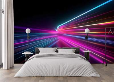 Blue pink and purple neon glow laser beam light lines moving fast,digital, high speed internet, cyberpunk, techonogy backdrop. futuristic abstract background. Wall mural