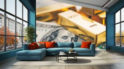 Close-up of gold bars stacked on US dollar bills, symbolizing wealth and investment opportunities in finance. Wall mural