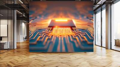 Close-up view of a glowing microchip on a circuit board, symbolizing technology, innovation, and the future of electronics. Wall mural