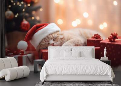 Cute ginger cat with santa hat sleeping on gift box near Christmas tree with light bokeh background, Christmas with pet concept. Wall mural