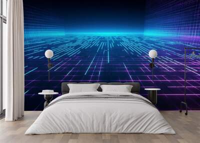 Cyan blue and purple grids neon glow light lines design on perspective floor, creativity, digital, internet, cyberpunk, virtual reality concept, hi-tech abstract backgroud. Generative AI Wall mural