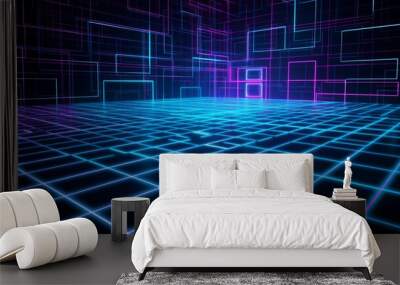 Digital neon glow blue and purple grid lines with perspective, cyberspace and virtual reality concept futuristic technology abstract background. Wall mural