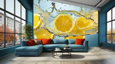 Fresh and juicy lemon slice and splashing water, close up shot, on blue background, beverage advertising concept. Wall mural