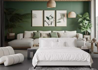 Green living room interior design with neutral color sofa, indoor plant and wall art, modern minimal japandi scandinavian living room 3d illustration. Wall mural