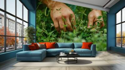 Hands delicately snipping fresh herb from wild plant, harvesting herb. Wall mural