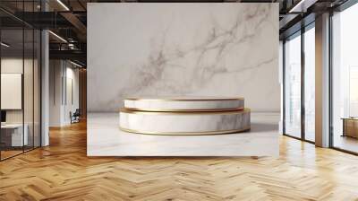 Mock up product stand, gold rimmed white marble cylinder podium backdrop, luxurious showcase, modern and mimimal style background. Generative AI Wall mural