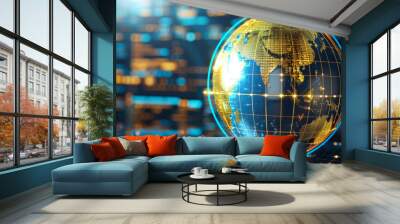 Neon blue and gold globe, world economic and financial concept Wall mural