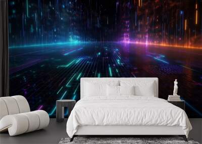 Neon glow multicolor laser beam lines pattern design, digital data flow and cyberspace concept futuristic technology abstract background. Wall mural